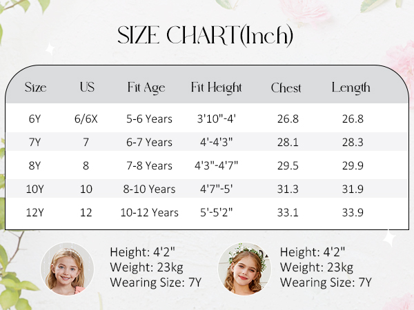 Girls pink dress size chart