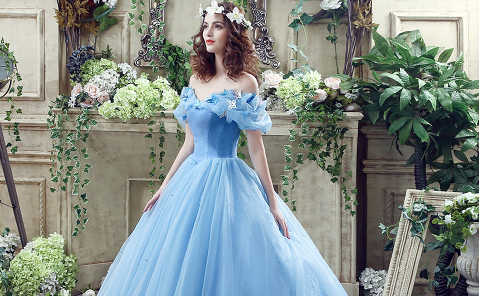 Blue Ball Gown Prom Dress New Movie Princess Cinderella Cosplay Dress Off The Shoulder Organza Prom 