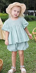 Gingham Toddler Girls Clothes Set Summer Check Kids Outfits