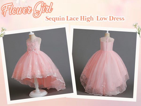 Flower Girls Sequin Lace High Low Tutu Dress for Kids Wedding Bridesmaid Pageant Formal Party Dress