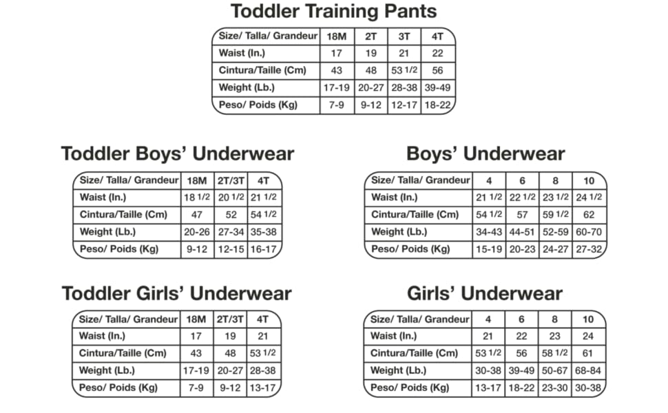 Hnadcraft MFG size chart, toddler training pants, underwear, toddler boys and girls underwear 