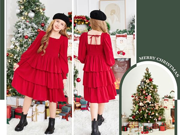 MERRY CHRISTMAS RED DRESS LONG SLEEVE GREEN DRESS GIRLS