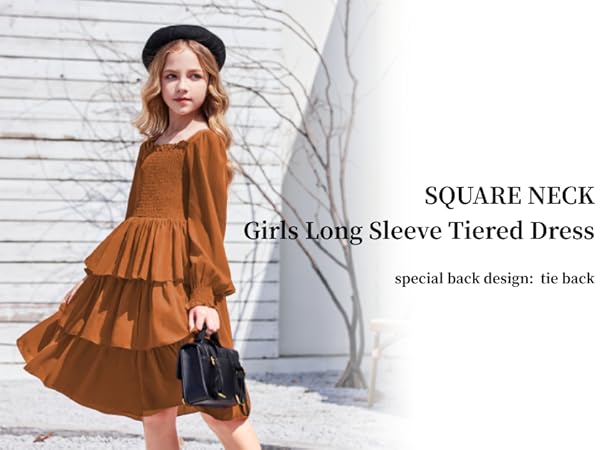 long sleeve tiered square neck dress for girls