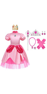 Princess Peach Costume Adult Kids Girls Puff Sleeve Dress+Crown Fairy Outfit Halloween Christmas