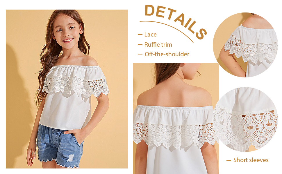 WDIRARA Girl''s Off The Shoulder Ruffle Trim Lace Short Sleeve Blouse Top