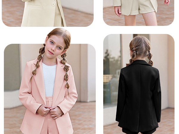 Girls 2 Piece Outfits Button Front Long Sleeve Blazer and Short Pants Suit Sets