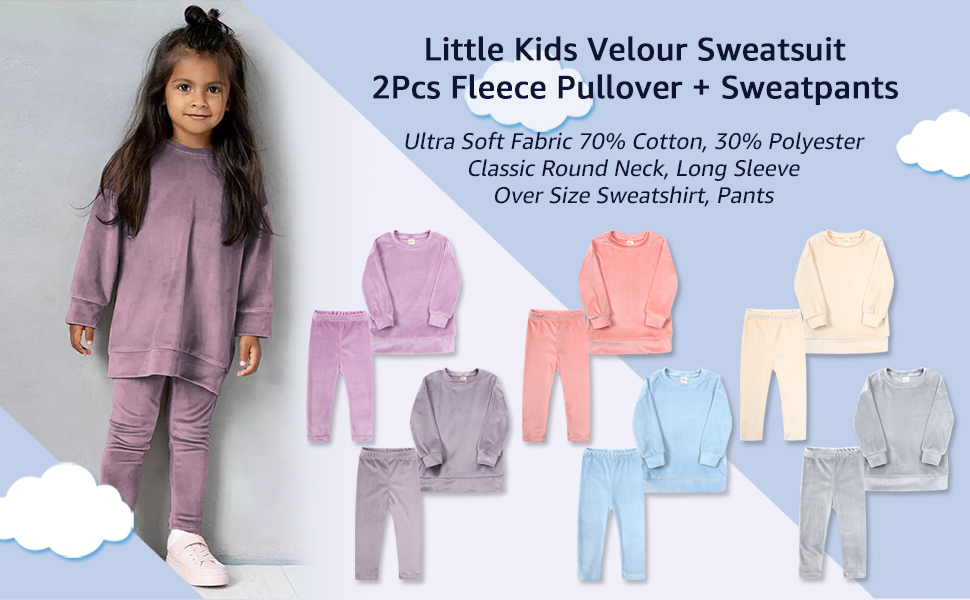 Little Girls Velour Sweatsuit 2Pcs Fleece Pullover + Sweatpants Velevet Tracksuit