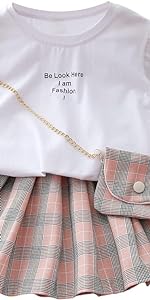 2 Piece Outfits Letter Print Short Sleeve Tee and Plaid Skirt Set with Bag