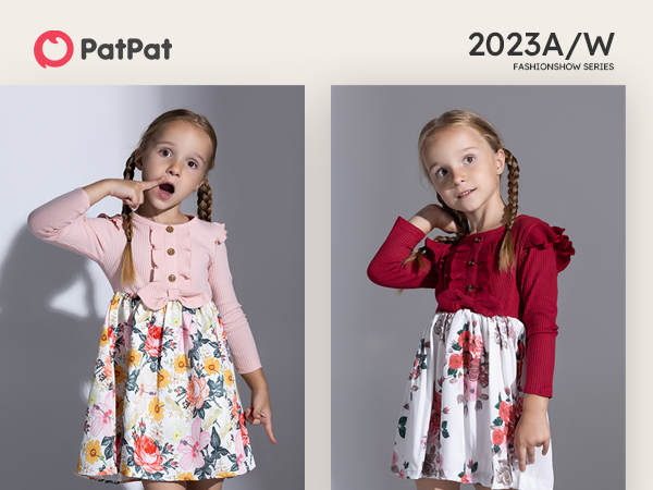 PATPAT Toddler Girl Clothes Toddler Girl Flora Print Long Sleeve Fall Winter Dress