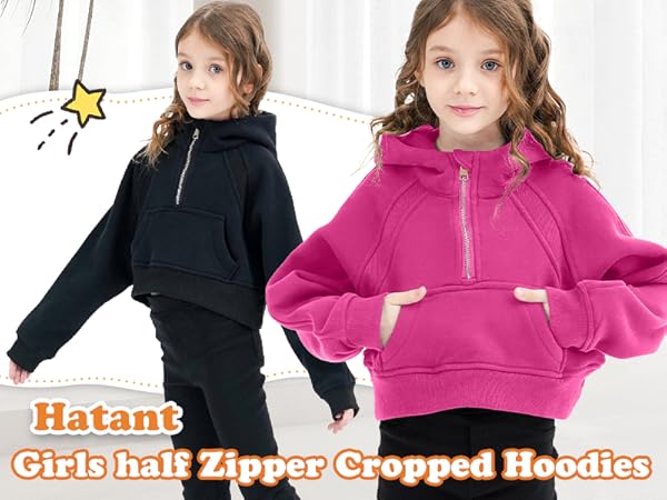 Hatant Girls Hoodies Fleece Lined Collar Pullover 1/2 Zipper Sweatshirts Long Sleeve Crop Sweater