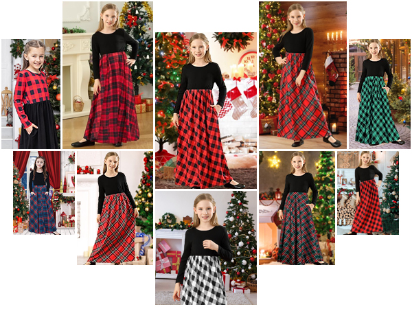 Girls Long Sleeve Buffalo Check Plaid Maxi Dress With Pockets