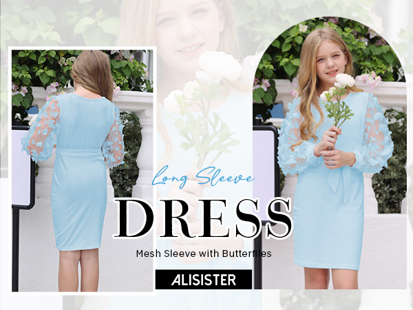 ALISISTER Girls Blue Dress Long Sleeve Elegant Formal Bodycon Dresses