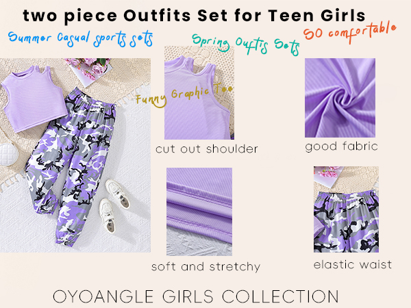 Girl''s 2 Piece Outfits Cut Out Rib Knit Crop Tank Top and Camo Print Jogger Pants Set