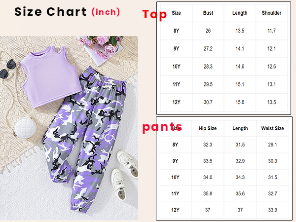 Girl''s 2 Piece Outfits Cut Out Rib Knit Crop Tank Top and Camo Print Jogger Pants Set