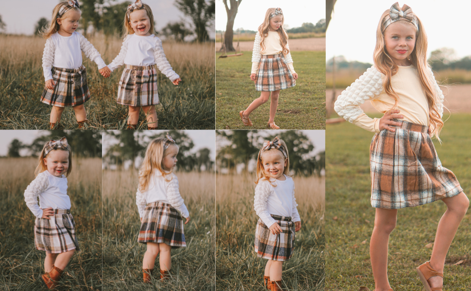 toddler girl puff sleeve tops plaid skirts set