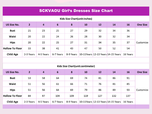 flower girls dress size chart