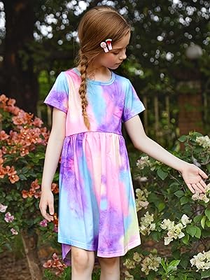 Arshiner Girl Short Sleeve A Line Skater Casual Twirly Casual Dress