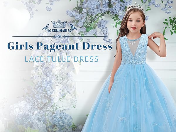 GELOMARI V-neck Flower Girl Dress Lace Maxi Dress Girls Formal Wedding Tulle Dresses