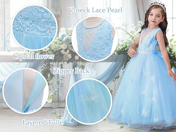 GELOMARI V-neck Flower Girl Dress Lace Maxi Dress Girls Formal Wedding Tulle Dresses