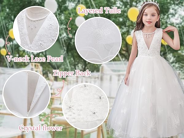 GELOMARI V-neck Flower Girl Dress Lace Maxi Dress Girls Formal Wedding Tulle Dresses