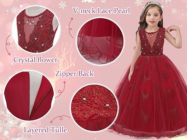 GELOMARI V-neck Flower Girl Dress Lace Maxi Dress Girls Formal Wedding Tulle Dresses