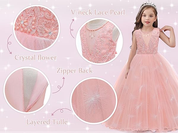 GELOMARI V-neck Flower Girl Dress Lace Maxi Dress Girls Formal Wedding Tulle Dresses