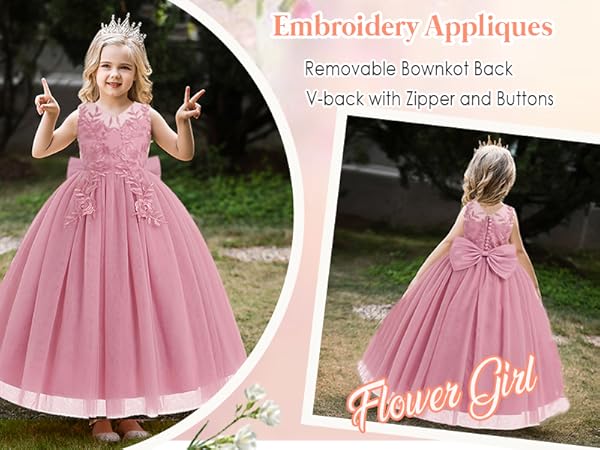 Flower Girl Lace Dress for Kids Wedding Pageant Party Formal Long Gown Communion Tulle Bow Dresses