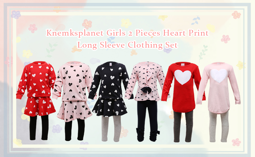 Little Girls Clothing Set Outfits 2 Pieces Heart Print Long Sleeve Clothes Set