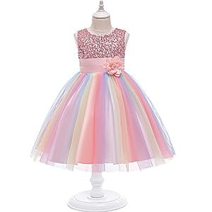 Flower Girls Sequin Party Dress Rainbow Mesh Tulle Princess Lace Ball Gown Prom 