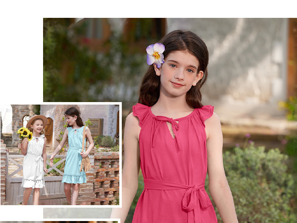 Girls Summer Halter Neck Sleeveless Rufle Dress with Pockets