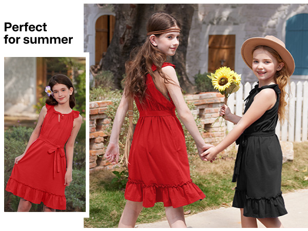 Girls Summer Halter Neck Sleeveless Rufle Dress with Pockets