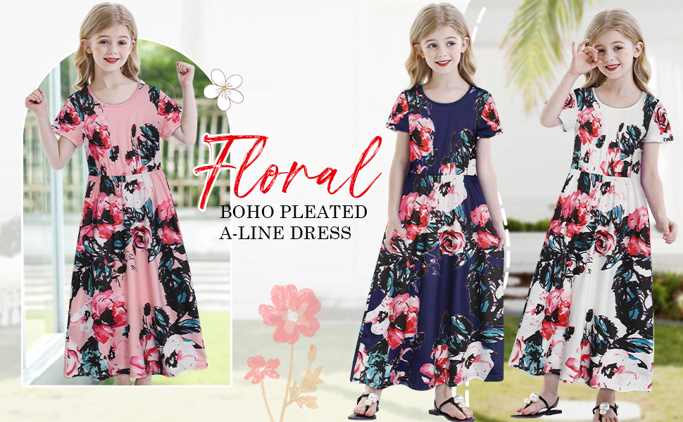 girls short sleeve boho floral print loose casual long maxi dress 