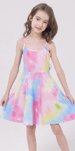 Jxstar Girls Tie Dye Dresses Spaghetti Strap Casual Summer Cami Twirl Swing Dress