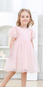 Pink Puff Sleeve Girls Tulle Dresses