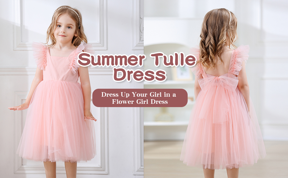 baby Summer Tulle princess dress are backless bow design, ruffle sleeve, square-neckline