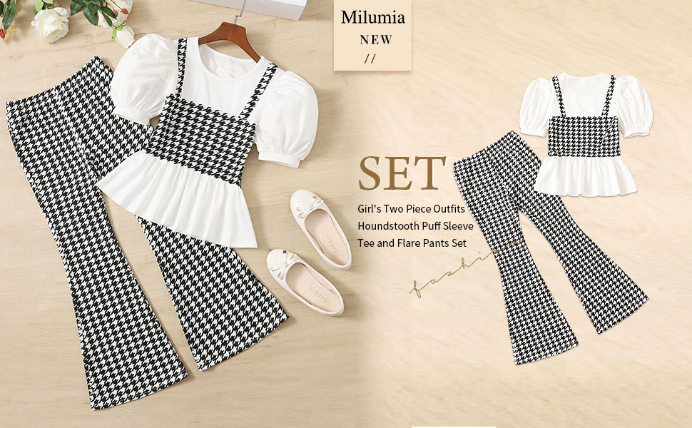 Milumia Girl''s Two Piece Outfits Houndstooth Puff Sleeve Tee and Flare Pants Set