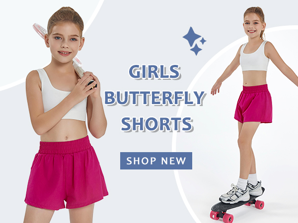 Girls Athletic Shorts High Waist Elastic 2 in 1 Running Shorts with Side Pockets 5-14 Years