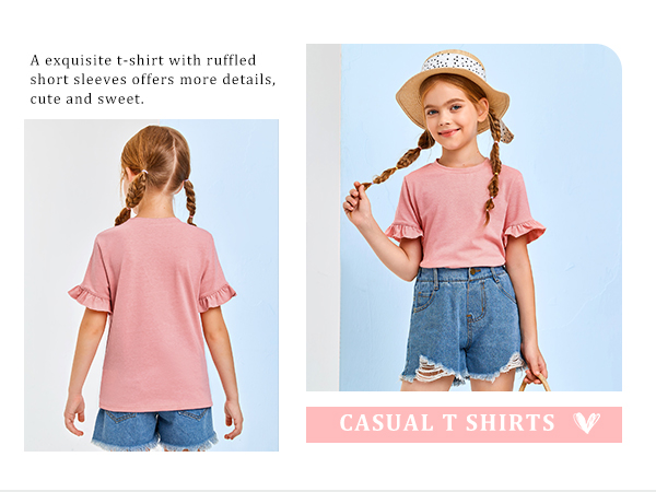 Girls Ruffle Short Sleeve T Shirts Crewneck Plain Casual Summer Tee Blouse Tops 