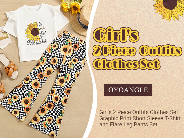 Girl''s 2 Piece Outfits Clothes Set Graphic Print Short Sleeve T-Shirt and Flare Leg Pants Set