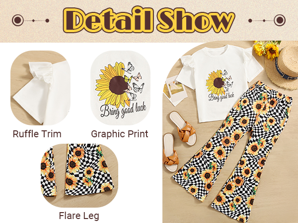 Girl''s 2 Piece Outfits Clothes Set Graphic Print Short Sleeve T-Shirt and Flare Leg Pants Set