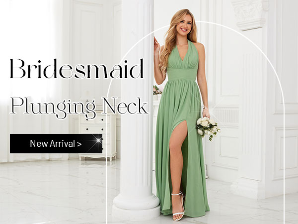 Plunging Neck Bridesmaid Dresses for Women Long Backless V-Neck Chiffon Formal Gowns Evening Dresses