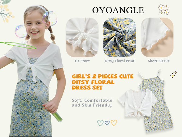 OYOANGLE Girl''s Floral Print Sleeveless Cute Cami Dresses and Short Sleeve Tie Front Top Sets