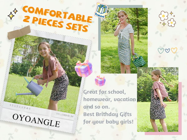 OYOANGLE Girl''s Floral Print Sleeveless Cute Cami Dresses and Short Sleeve Tie Front Top Sets