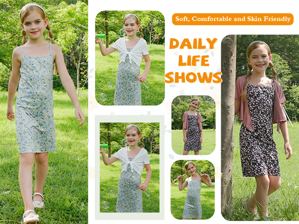 OYOANGLE Girl''s Floral Print Sleeveless Cute Cami Dresses and Short Sleeve Tie Front Top Sets