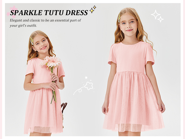 Girls Tutu Tulle Dress Short Sleeve A Line Flowy Swing Sundress Casual Party Prom Dresses