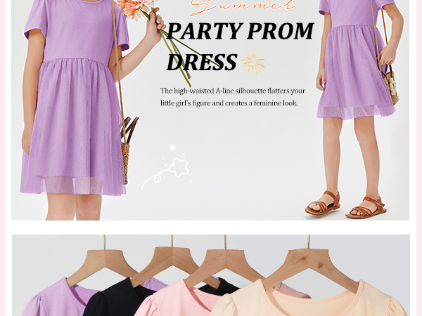 Girls Tutu Tulle Dress Short Sleeve A Line Flowy Swing Sundress Casual Party Prom Dresses