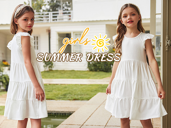 Arshiner Girl''s Summer Dresses Ruffle Sleeve Tiered Swing Midi Casual Sundress with Pockets