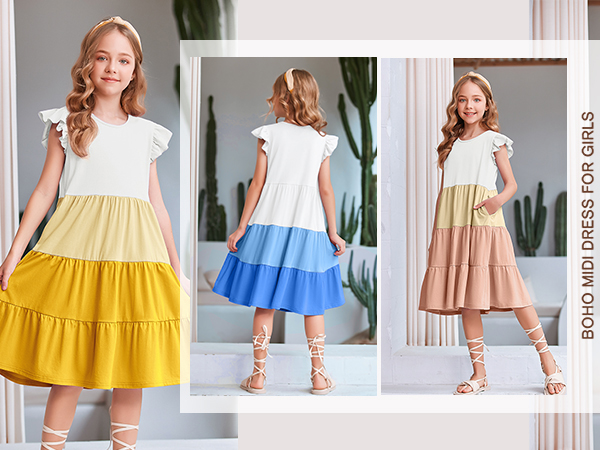 Arshiner Girl''s Summer Dresses Ruffle Sleeve Tiered Swing Midi Casual Sundress with Pockets