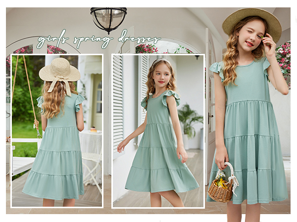 Arshiner Girl''s Summer Dresses Ruffle Sleeve Tiered Swing Midi Casual Sundress with Pockets