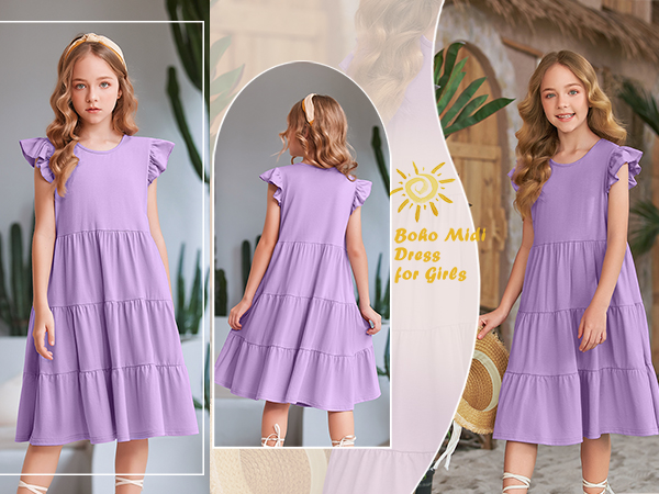 Arshiner Girl''s Summer Dresses Ruffle Sleeve Tiered Swing Midi Casual Sundress with Pockets